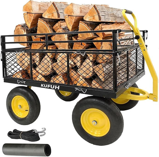 Heavy Duty 1400 lbs Capacity Steel Garden Cart with Removable Mesh Sides & 16" Tires, Convertible Flatbed Utility Wagon for Farm, Yard, Lawn, and Beach Use, Yellow