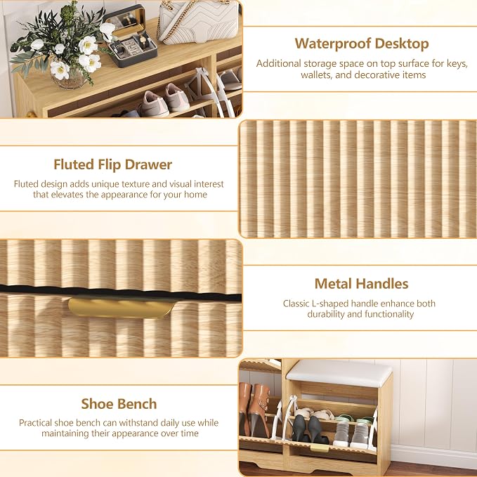 HUANLEGO Shoe Cabinet Storage for Entryway with Flip Drawer & Bench, Oak
