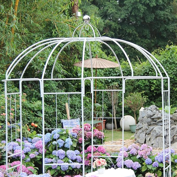 Birdcage Shape Garden Arches Arbors,9' High x 6.8' Wide,Metal Gazebo White Enduring Iron Trellis Plants Stand Use for Outdoor Garden Climbing Plants Wedding Arches Ceremony