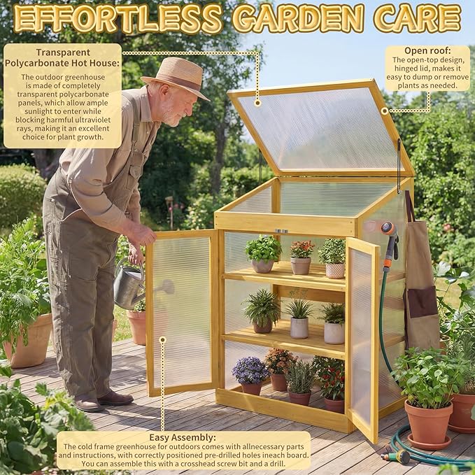 Wooden Cold Frame Greenhouse, Garden Portable Mini Solid Wood Greenhouse Cabinet with Transparent Flip-Top Roof, Raised Flower Plants Shelf Protection for Outdoor Indoor, Natural