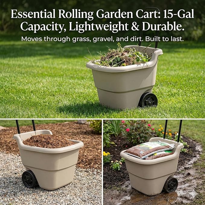 15-Gallon Rolling Garden Cart & Utility Wagon – Lightweight Resin Yard Waste Bin with Telescoping Handle & 7-Inch Wheels – Portable Outdoor Organizer for Lawn, Mulch, Firewood (Beige)