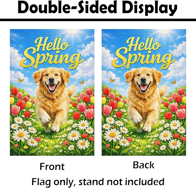 Heyfibro Hello Spring Garden Flag Double Sided 12x18 Inch Golden Retriever Floral Yard Flag for Outside Seasonal Dog Lover Outdoor Decor for Farmhouse Patio Porch