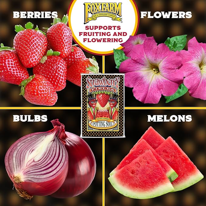 FoxFarm Strawberry Fields Fruiting & Flowering Potting Soil, 1.5cu ft (Pack of 4) - Designed to Pump Up Your Blooms, Fruits, and Berries - Made for the Fruiting and Flowering Stages of Plants