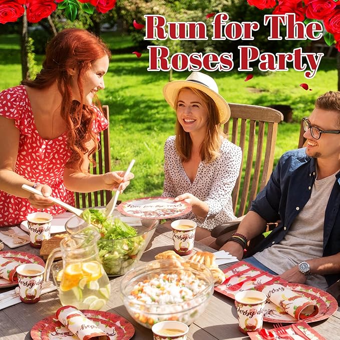 Funnymoom 400 Pcs Run for the Roses Horse Racing Party Supplies for 50 Guests Horse Racing Day Paper Plates and Napkins Knives Spoon Fork Cup Derby Day Dinner Sets for Horses Racings Party