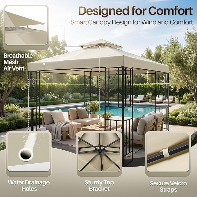 Flexzion Gazebo Cover Replacement Canopy Top 10x10 Ft (3m x 3m) - Double Tier Top Canopy Cover Replacement with UV30+, Dirt, Water Resistant for Outdoor, Sunshade, Garden, Patio, Pavilion (Ivory)