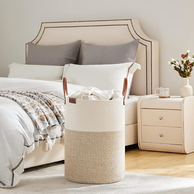 VIPOSCO 72L Tall Woven Rope Laundry Hamper, Leather Handles, White & Brown | Large Wicker Laundry Basket for Dirty Clothes, Blanket, Toy, Towel, Yoga Mat, Storage Bin in Bedroom, Bathroom, Living Room