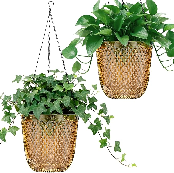 QCQHDU Self Watering Hanging Pots, 2 Pack 5.7 Inch Hanging Planters for Plants Indoor, Flower Pots with Drainage Holes and 3 Hooks Chains for Garden Home (Gold)