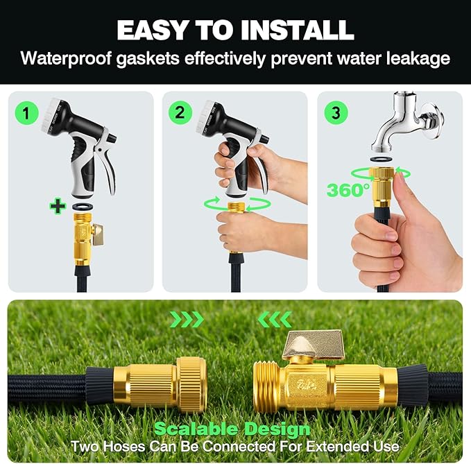 Garden Hose 50 FT, Lightweight Non-Expanding Water Hose with 10 Function Nozzle, Manguera Para Jardin with 3/4" Brass Connectors Leak-Proof, Burst-Resistant, Anti-Kink