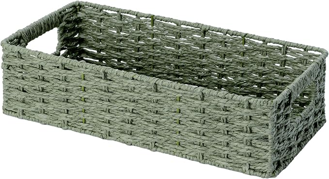 StorageWorks Wicker Toilet Basket Tank Topper for Sage Green Bathroom Decor | Paper Rope Toilet Paper Baskets with Built-in Handles, Small Wicker Bathroom Basket Organizer for tank top, countertop