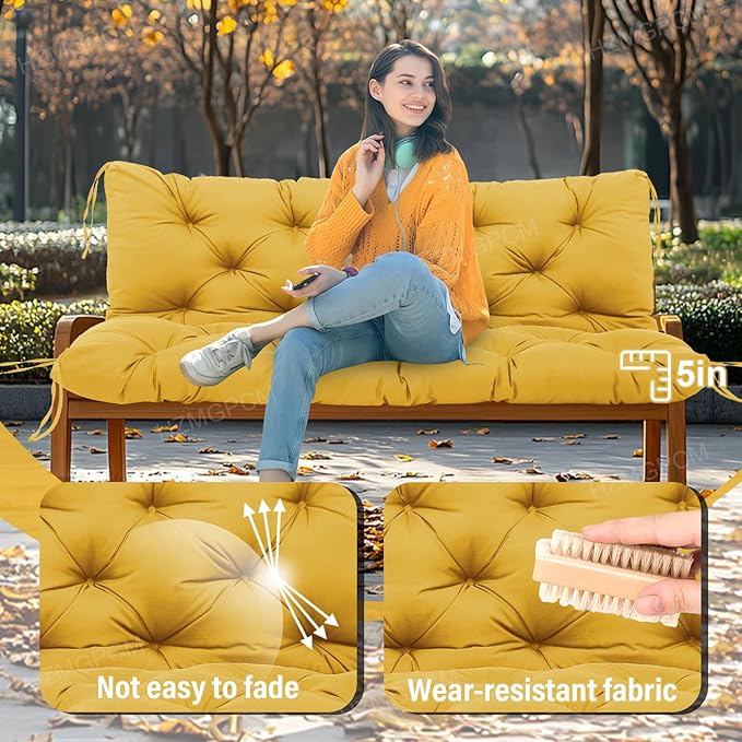 Premium 5" Thick Waterproof Outdoor Swing Cushions Sturdy Durable 3 Seat Replacement Porch Swing Cushions with Backrest&Ties Bench Cushion for Outdoor Furniture Backyard Patio (Yellow)