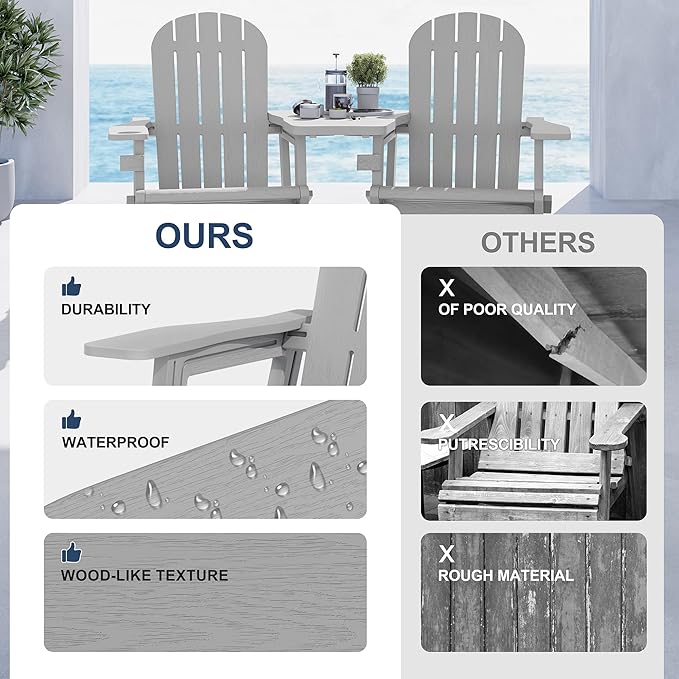 Vongrasig Adirondack Chairs Set of 2 with Removable Tabletop, Outdoor HDPE Plastic Fire Pit Chair Set with Wooden Textured, Cup Holder for Patio, Poolside, Deck, Garden, Light Grey, 3 Pieces