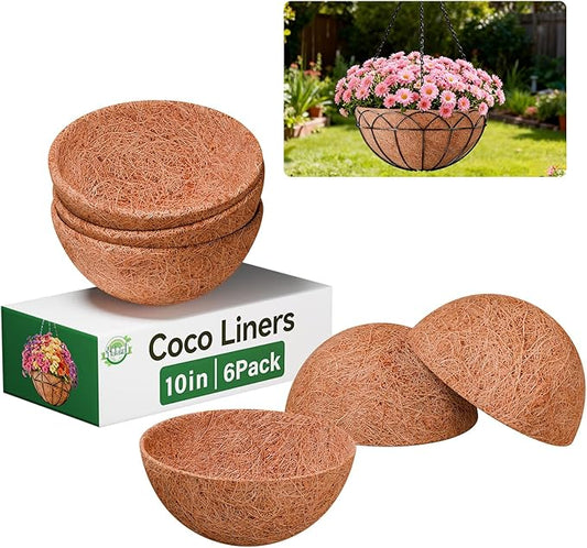 Halatool 6 Pack 10 Inch Coconut Liners for Planters Round Coco Coir Hanging Basket Liner for Flowers Vegetables Balcony Garden Patio Porch Home Decor