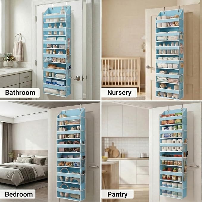 HOMELUX THEORY Over the Door Organizer, 6-Tier, 100D Fabric, Baby Blue 1pc | Over the door shoe organizer, 50 lbs capacity, 12 side mesh pockets, 100D extra thick fabric, Closet & entryway storage