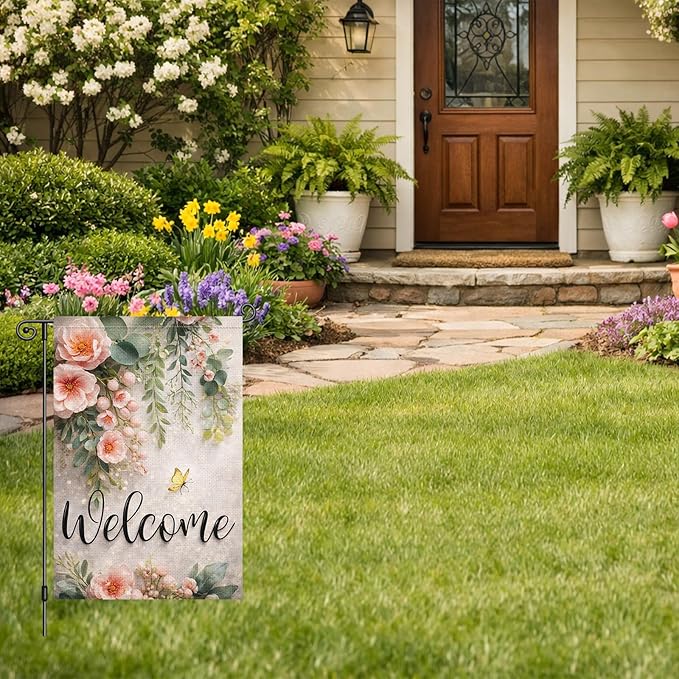Heyfibro Spring Welcome Garden Flag 12x18 Inch Double Sided Butterfly Peony Eucalyptus Garden Flag Small Yard Flags for Outside House Farmhouse Seasonal Spring Outdoor Decorations