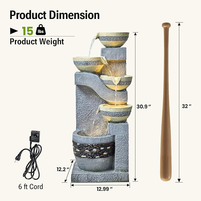 31-Inch Outdoor Water Fountain, 5-Tier Cascading Bowls Stacked Stone Design Resin Waterfall Fountain with 3 LED Lights, Home Art Decor for Garden, Patio, Yard, Porch, Deck or Balcony in Gray