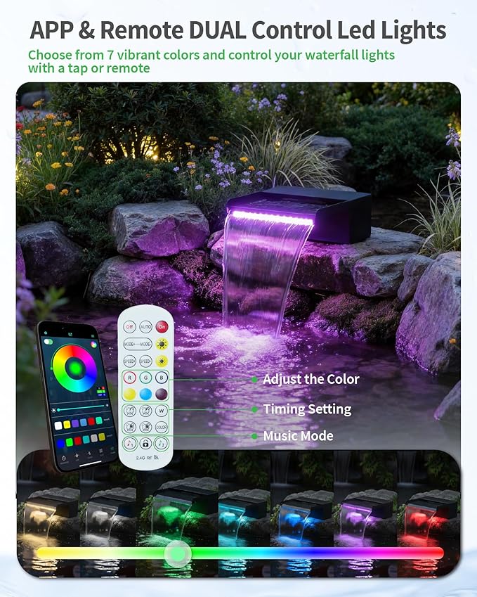 POPOSOAP 8inch Pond Waterfall Spillway with RGB LED Lights & 660GPH Pond Pump- APP/Remote Control, 304 Stainless Steel Pond Spillway with 9.8FT Tubing for Garden Ponds Landscape Water Features-P42DY
