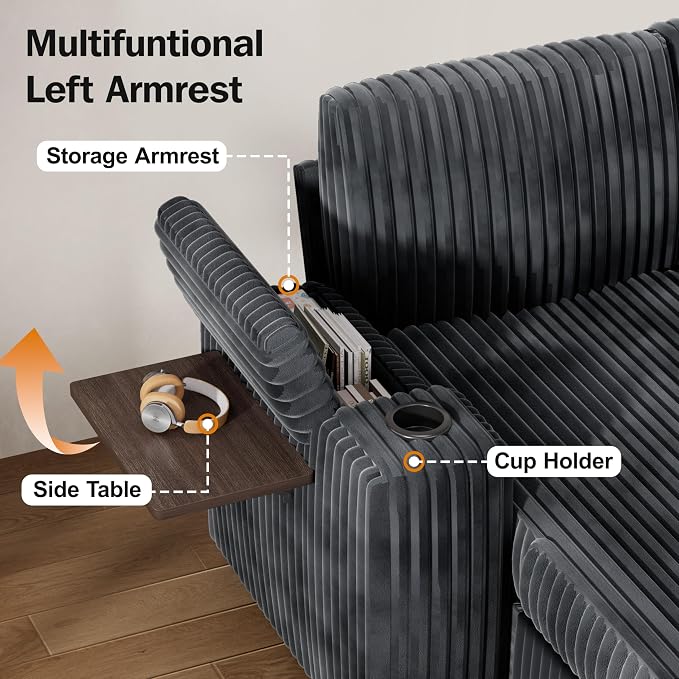 Vipbear 108" Modular Sectional Sleeper Sofa with Pull Out Bed, 4 Seat Plush Corduroy U Shaped Couch with USB Ports|Cup Holders|Side Table|Storage Chaise Armrests, Tool Free Assembly, Grey