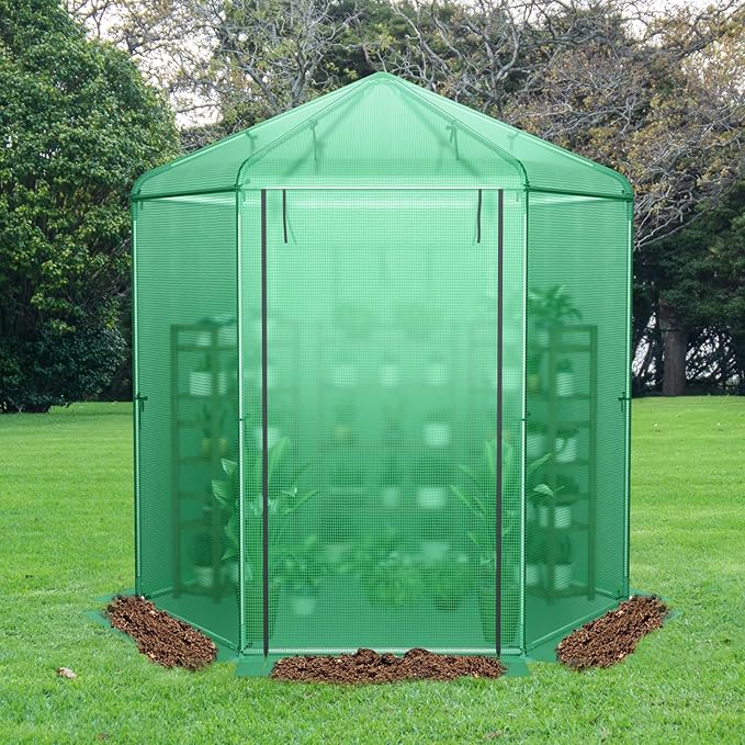 HAPPYGRILL 7 x 6 x 7.5 FT Walk-in Greenhouse, Large Outdoor Heavy Duty Greenhouse with PE Cover, Mesh Window & Roll-Up Door, Portable Greenhouses for Plant Gardening
