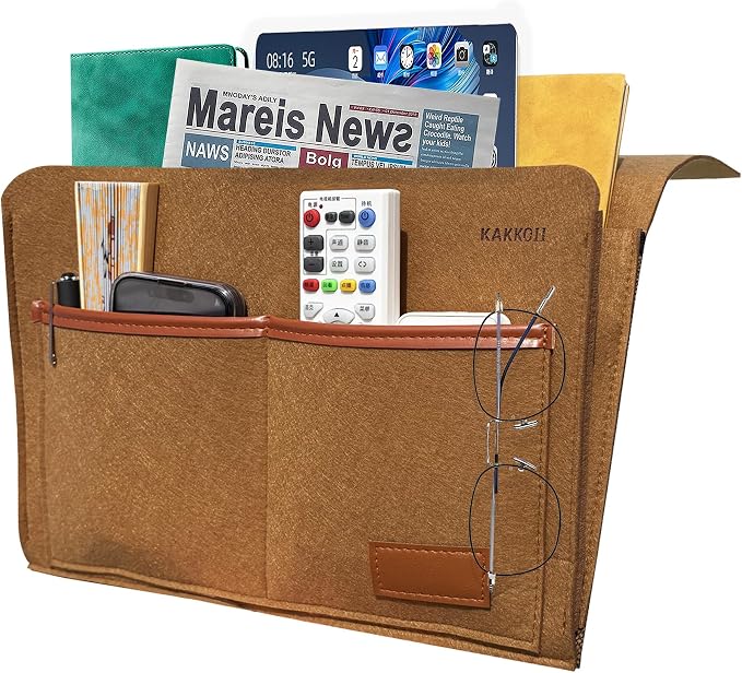 Bedside Caddy, Sofa Caddy, Storage Organizer Pocket for Dorm, Bedroom, 5 Pockets Felt Organizer for Magazine, Remote, Phone, Tablet, Pad, Glasses, Pen, Remote Control (Brown-Short)