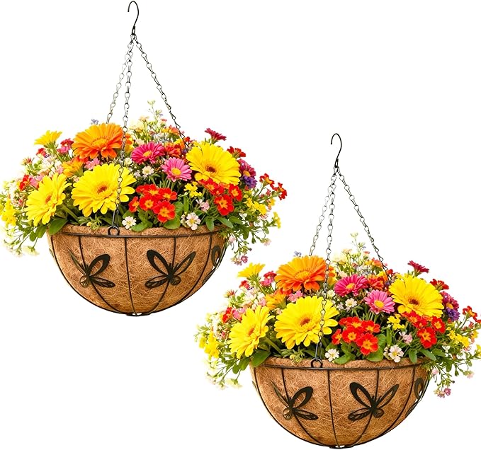 2 Pack 12 Inch Metal Outdoor Hanging Baskets Black Heavy Duty Hanging Planters with Coco Liners for Indoor Outdoor Plants Gardens Patios Terraces（Butterfly）