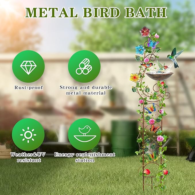 YADOOLIFE 57” Bird Bath with Garden Trellis for Climbing Plants Outdoor, Small Decorative Trellises Metal Birdbath Bird Baths, 1 Piece (Butterfly)
