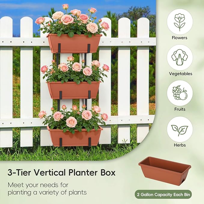 OYEAL Railing Planter Box Outdoor 3 Tier Vertical Hanging Flower Pots with Adjustable Brackets Window Boxes Planter Plastic Flower Pots for Patio, Deck, Porch Railing, Balcony Fence, Brick Red
