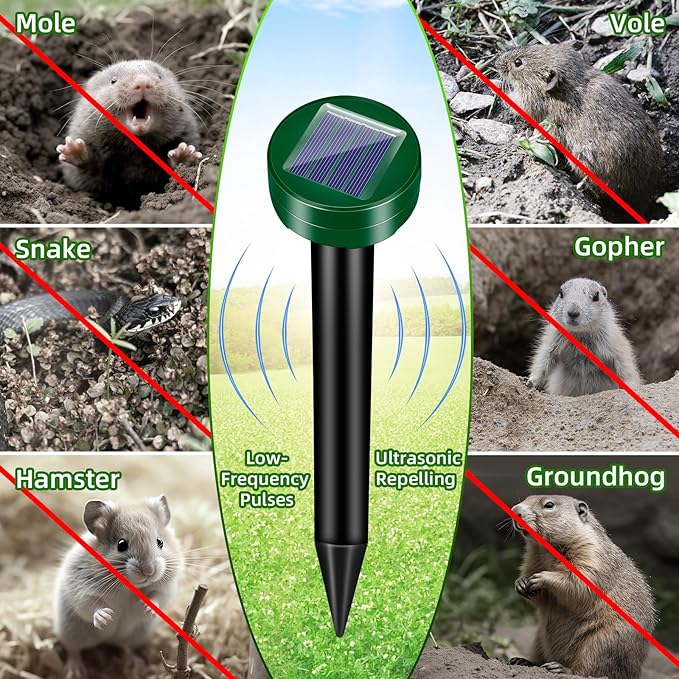 8Pack Mole Rat Repellent for Lawns, Solar Ultrasonic Chipmunk Groundhog Repeller Outdoor, Gopher Snake Repellent for Yard, Sonic Rodent and Vole Deterrent Spikes for Squirrel Armadillo Garden