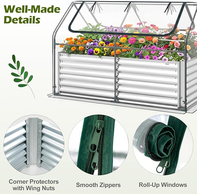 S AFSTAR 3-in-1 Raised Garden Bed with Greenhouse Cover, 6FT x 3FT x 4FT Galvanized Bottomless Planter Box Kit with Dual Roll-Up Screen Windows, Outdoor Mini Greenhouse for Vegetables (Silver & Clear)