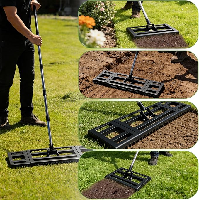 Lawn Leveling Rake 30"X 10" for Soil, Gravel Leveling Rake Heavy Duty with Adjustable Long Handle, Garden Level Rake with Tines for Yard, Landscape, Leveling Sand, Grass, Dirt, Ergonomic & Durable