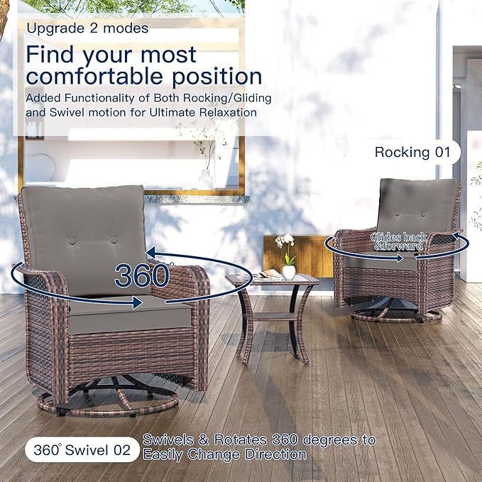 Kullavik 3 Pieces Patio Furniture Set,Outdoor Swivel Rocking Chairs Porch Furniture Patio Rattan Chairs with Table,, Grey