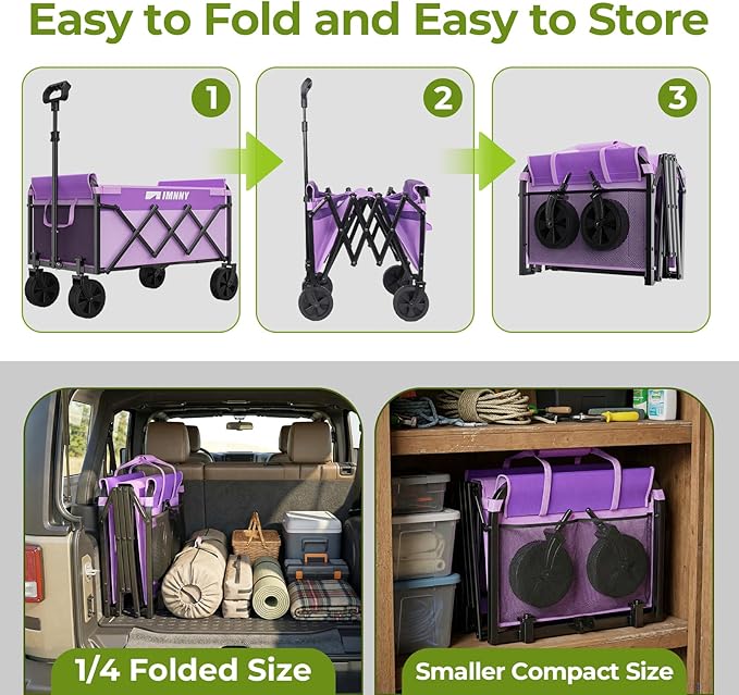 Purple Collapsible Wagon Cart, Lightweight Folding Utility Cart with Wheels, 220lbs Capacity Portable Grocery Cart for Sporting Events, Garden, Shopping (Purple)