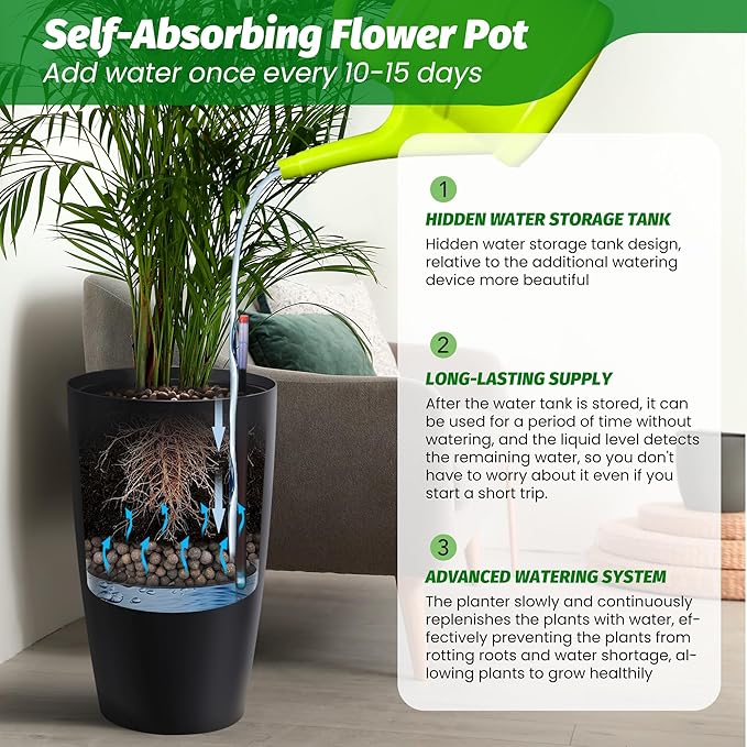 22" Tall Round Planter Set of 2, Self Watering Pots, Large Planter for Indoor Outdoor Plants, Built-in Drainage and a Water Level Monitor, for Patio, Porch, Living Room, or Home Office, Black