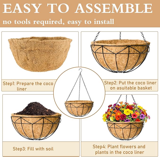 4 Pack 12" Round Metal Hanging Basket for Outdoor Plants Durable Large Hanging Planter with Coco Coir Round Plant Holders Planter for Outside Garden Decoration (Geometric)