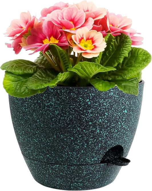 Meowell 12 inch Large Self Watering Pots for Indoor Outdoor Plants, Flower Plant Pots with Mesh Drainage Holes for Garden House Plants, Plastic Planters for Home, Black with Green Speckles
