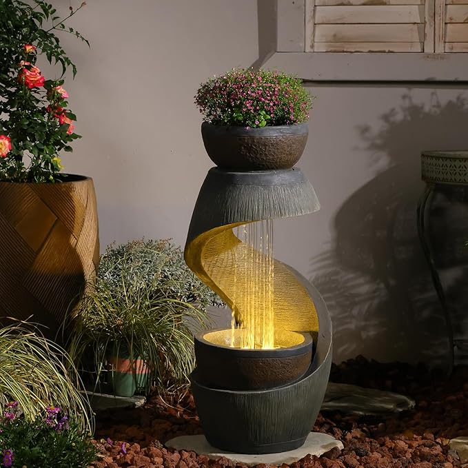 Sunlinua 31.9" S-Shaped Water Outdoor Fountain–Modern Cascading Waterfall Feature with LED Lights & Planter Bowl, Garden Fountains Outdoor for Patio, Balcony, Yard or Home Decor, Resin Waterfall