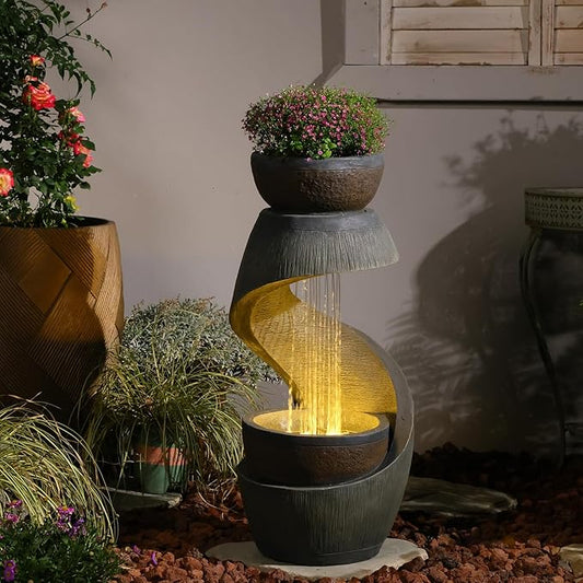 Sunlinua 31.9" S-Shaped Water Outdoor Fountain–Modern Cascading Waterfall Feature with LED Lights & Planter Bowl, Garden Fountains Outdoor for Patio, Balcony, Yard or Home Decor, Resin Waterfall