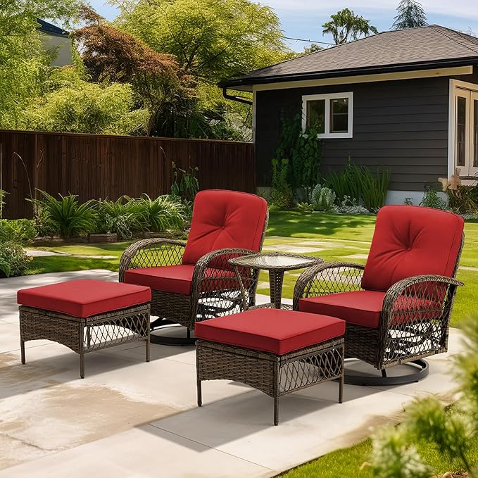 MELLCOM 5 Pieces Patio Furniture Set, Wicker Outdoor Furniture with Ottomans, Rocking Chairs and Glass Coffee Table, Outdoor Swivel Rocker Patio Chairs for Porch, Wine Red