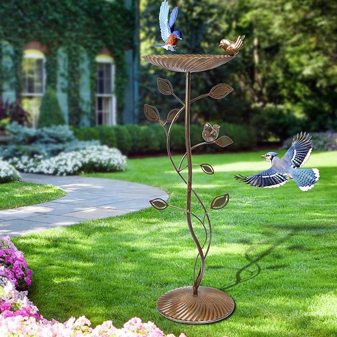 VCUTEKA Bird Baths for Outdoor, Metal Garden BirdBath with Bird Statue and Detachable Bird Bath Bowl for Yard Patio Lawn Decor, Brown
