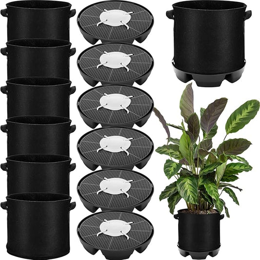 Jingmore 6 Set Self Watering Fabric Pot Base 3 Gallon Plant Nonwoven Grow Bags Automatic Watering System Plant Saucer Elevated Flower Trays with Handles for Fruits Vegetables Flowers Grow(Black)