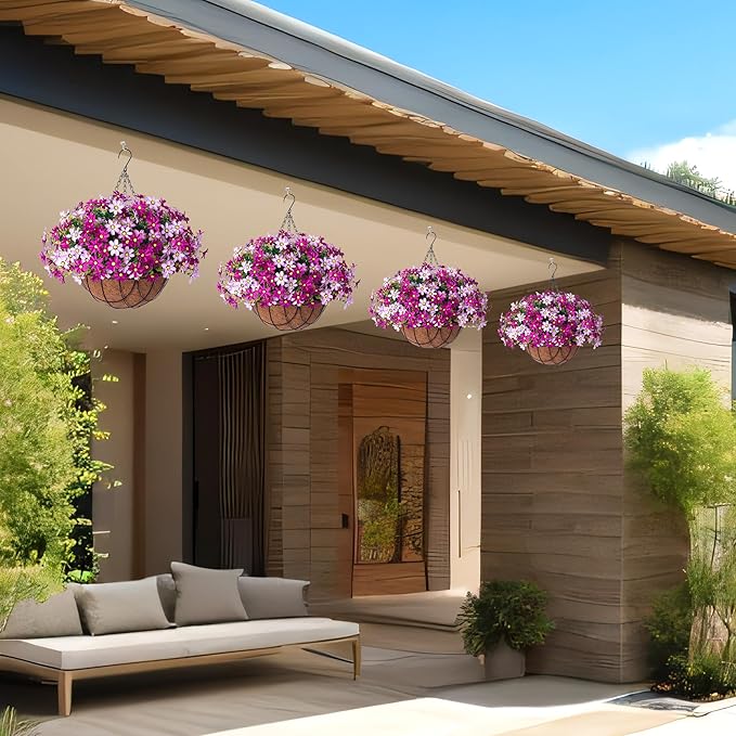 INXUGAO Artificial Flowers with Hanging Planter for Outdoor Decor, Faux Silk Daisy UV Resistant Plants in Basket for Indoor Porch Garden Yard Spring Summer Decor(Violet)