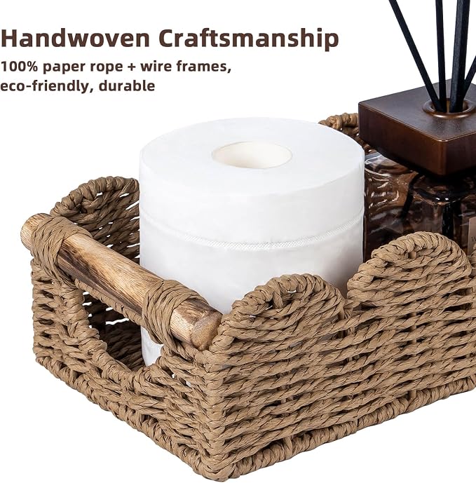 CubesLand Bathroom Basket Organizer, Toilet Decor Basket W/Cut Out Handle | Wicker Toilet Paper Storage Basket Tray, Scalloped Basket for Bathroom Countertop Decorative Also for Home Decor, Neutral