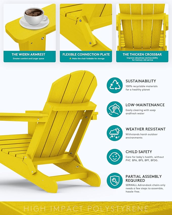 SERWALL Folding Adirondack Chair Set of 6 Painted Adirondack Chair with Cup Holder Weather Resistant for Patio Deck Garden- Yellow