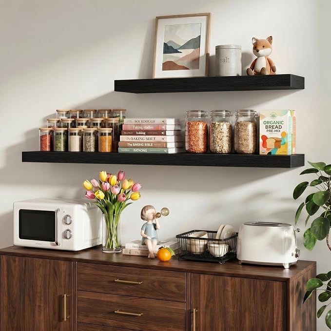 Vivelove 36 Inch Floating Shelves Wall Mounted for Display, 6.5 Deep Duty Shelves with Invisible Brackets for Living Room,Bedroom,Kitchen, Bathroom Storage & Decor,36" Wx6.5 Dx1.4 H - Black