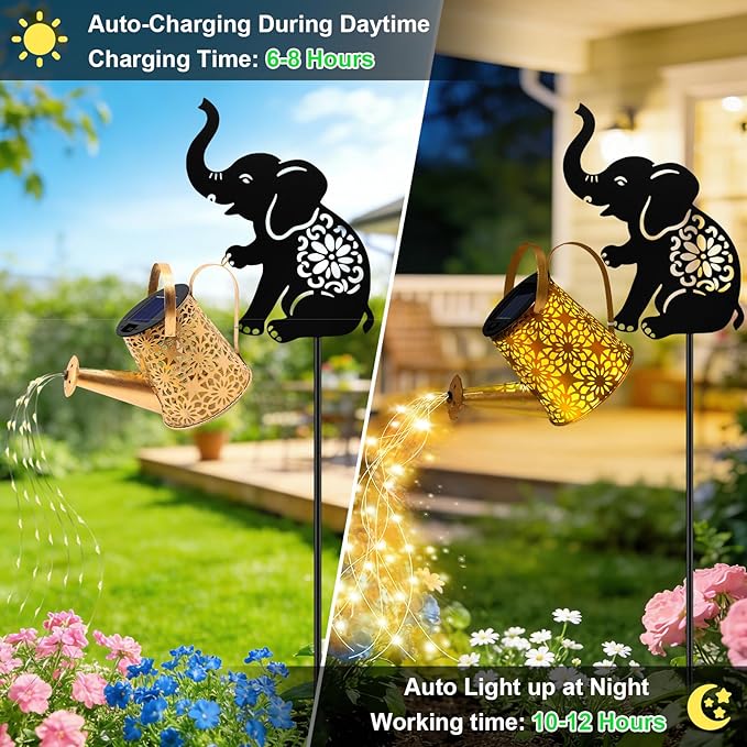 VOOKRY Solar Watering Can Lights Outdoor with Elephant Silhouette Stake, Garden Gifts for Mom, Women & Garden Lovers Waterproof Metal Garden Lantern, Decorative Yard Patio Lawn Pathway Decor(1 Pack)