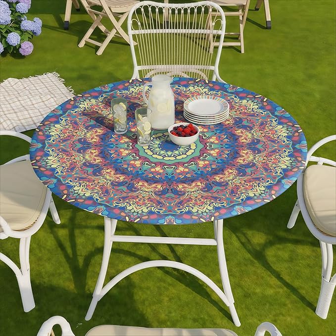 Round Tablecloth Waterproof Boho Fitted Vinyl Table Cloth Summer Fall Outdoor Circle Cover for 36-44" Tables Kitchen Dining Apartment Essentials Camping Picnic Party Decor Housewarming Gifts