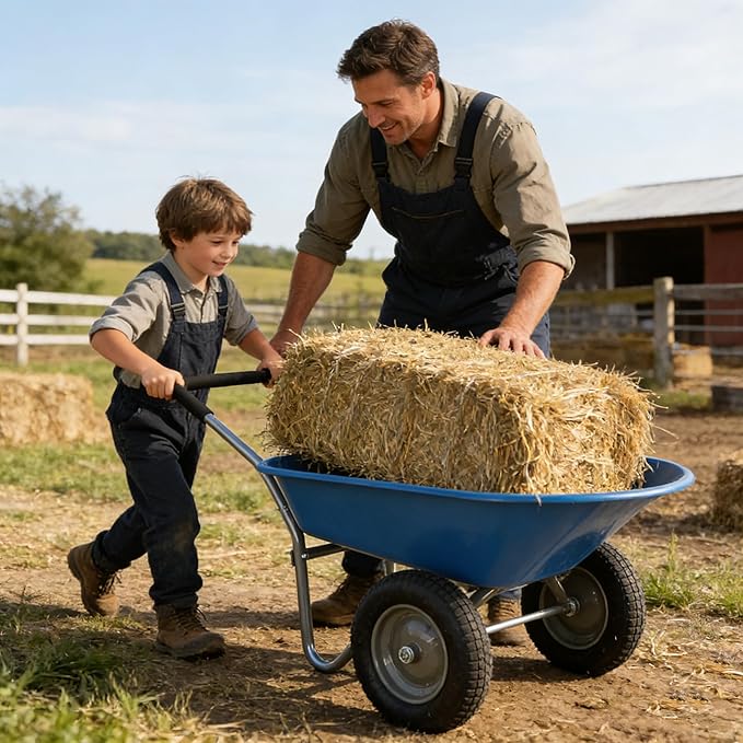 Blue Garden Wheelbarrow with Two Wheels 15 Inch Pneumatic Trolley WB189BL for Professional Use