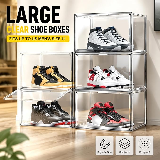12 Pack Clear High-Top Sneaker Storage Boxes, Acrylic Shoe Organizer