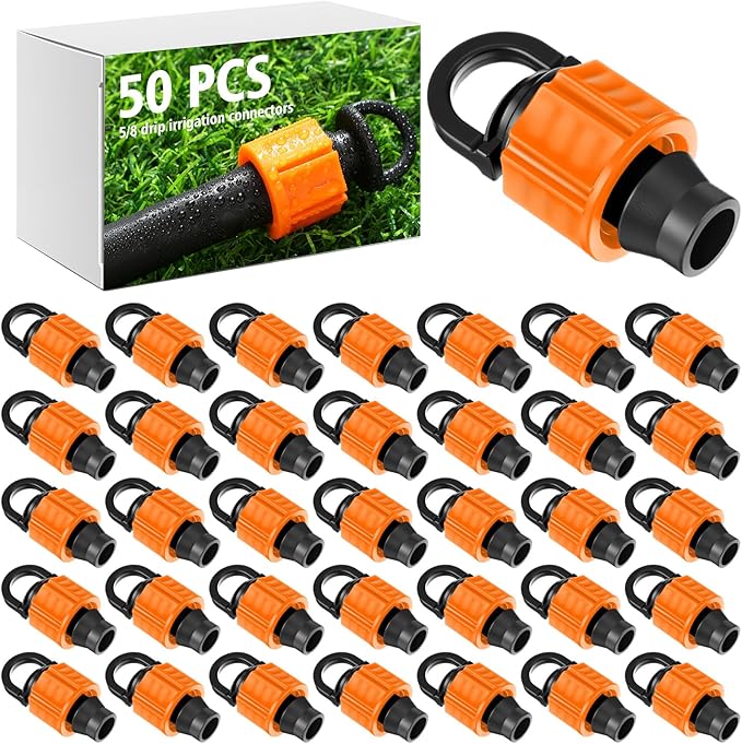 Tujoe 50 Pcs 5/8" Drip Irrigation Tubing End Cap Plugs with Loop Orange Leak Proof Barbed Locking Fittings Compatible with Most 16-17 mm Drip Tube for Garden Agriculture Sprinkler System