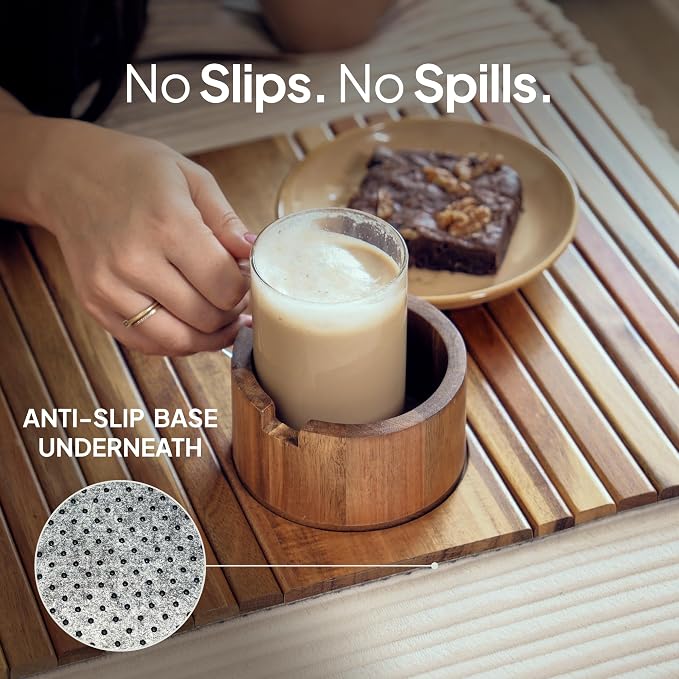 Acacia Couch Arm Tray for Drinks and Snacks with Detachable Cup Holder, Anti Slip Base and Foldable Design, Wooden Sofa Arm Tray for Convenient Couch Side Use