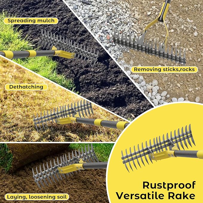 Thatch Rake,55 Inch Garden Thatching Rake for Grass Removal, 15 Inch Wide Heavy Duty 19 Teeth Steel Metal Garden Leaf Rakes,Landscaping Raking Garden Tools for Lawn Care Loosening Leveling Soil Mulch